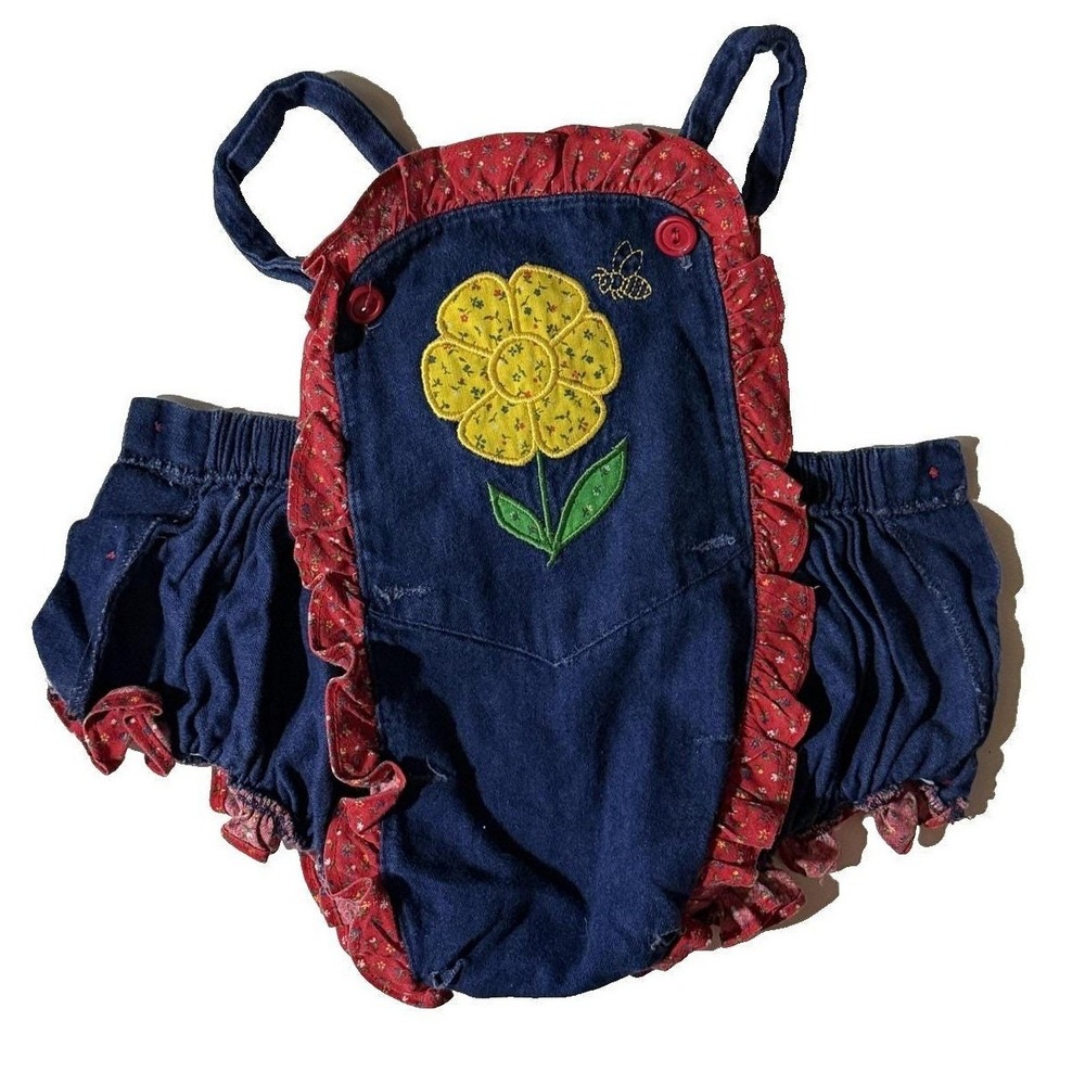 Vintage Baby‎ Denim Romper 3-6M Sunflower Bee Ruffle Western Boho